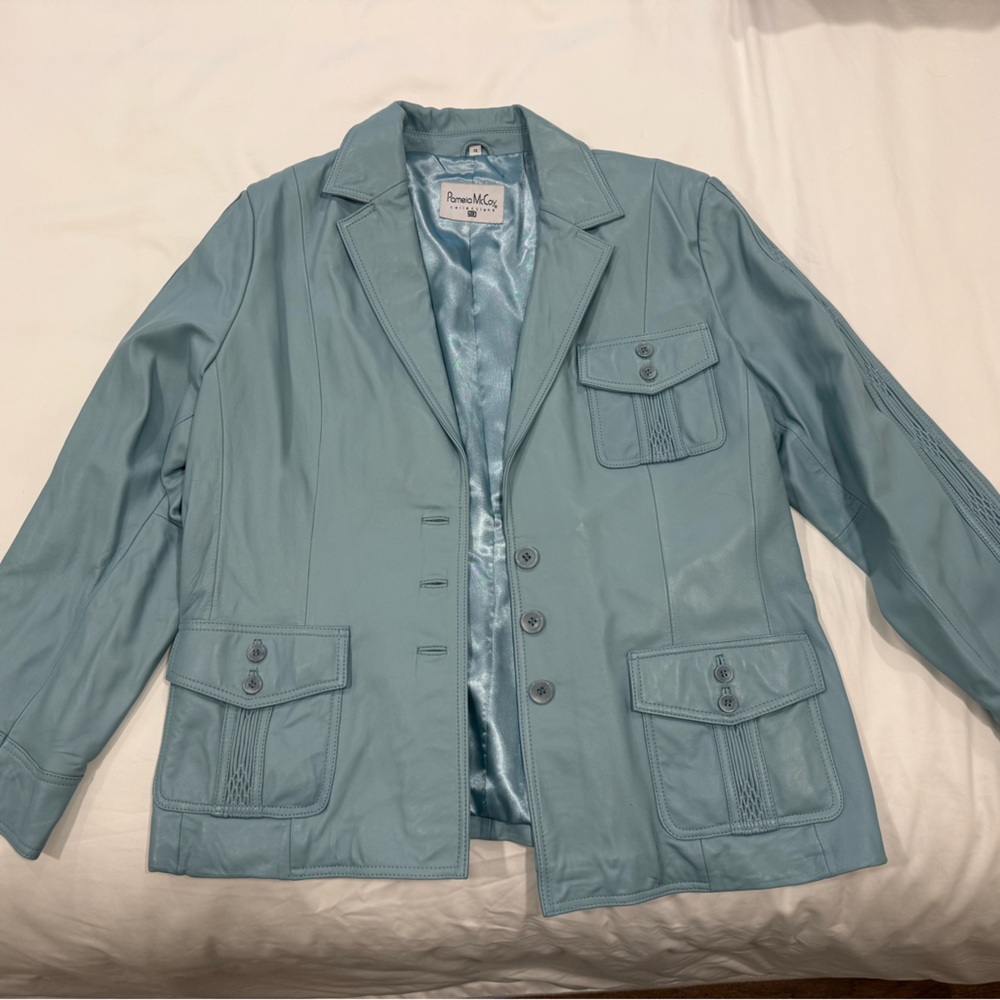 Pamela McCoy Teal Leather Trench Coat